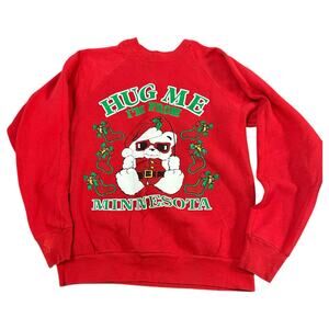 Vtg 90s Red Hug Me I'm From MN Christmas Teddy Bear Sweatshirt Womens Large USA